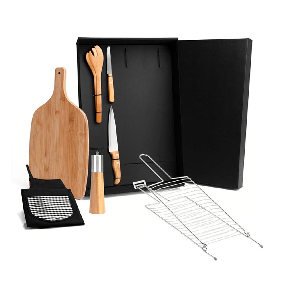 Kit Para Churrasco Em Bambu / Inox Com Avental - 7 Pçs-KT-20004